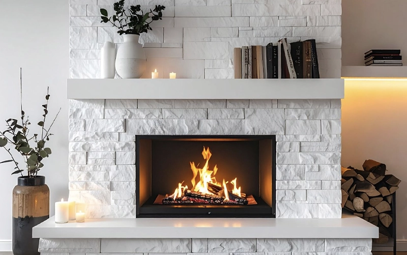 Custom Fireplace Stone Fabrication Custom fabricated stone panels prepared for a fireplace surround and feature wall