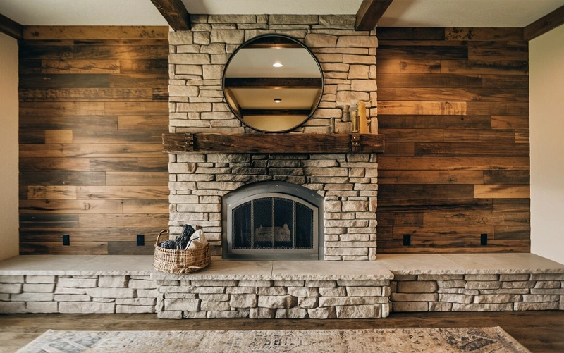 Custom Fireplace Stone Work Custom stone fireplace surround with large-format panels