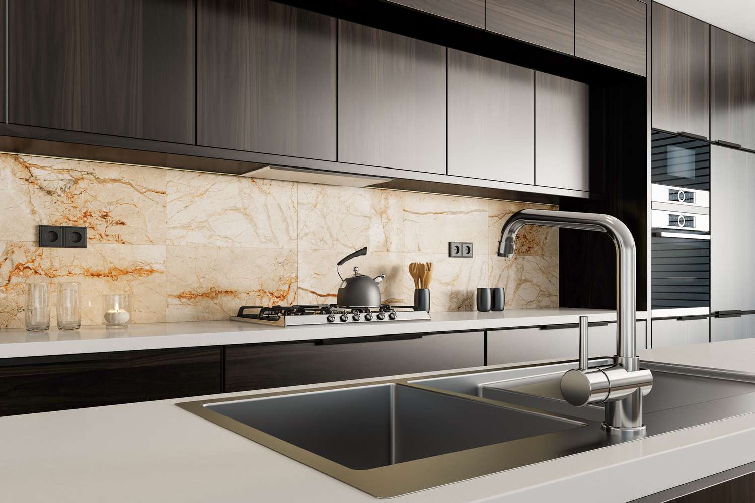 Custom stone slab backsplash installed in a Toronto kitchen