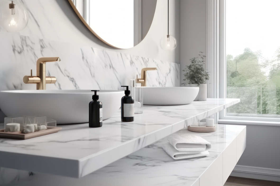 Bathroom vanity with a stone countertop and sink