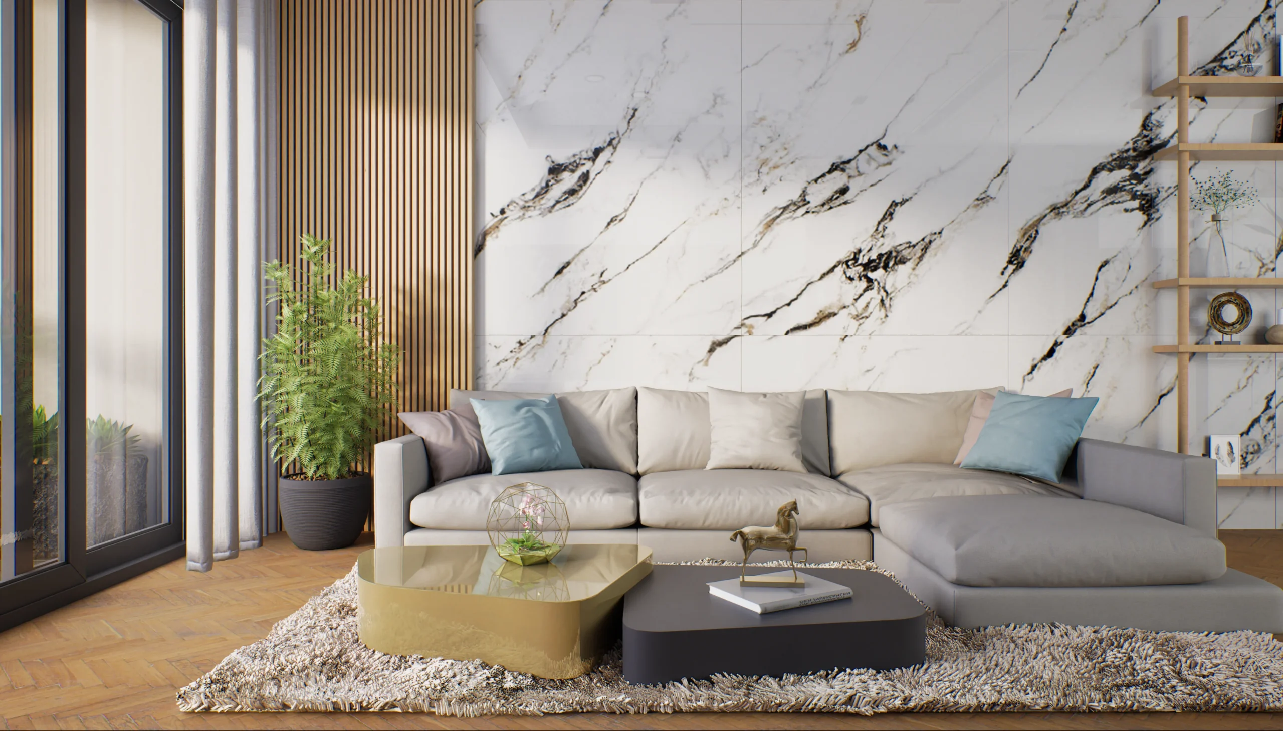 Large-format stone feature wall used as an architectural focal point in an interior