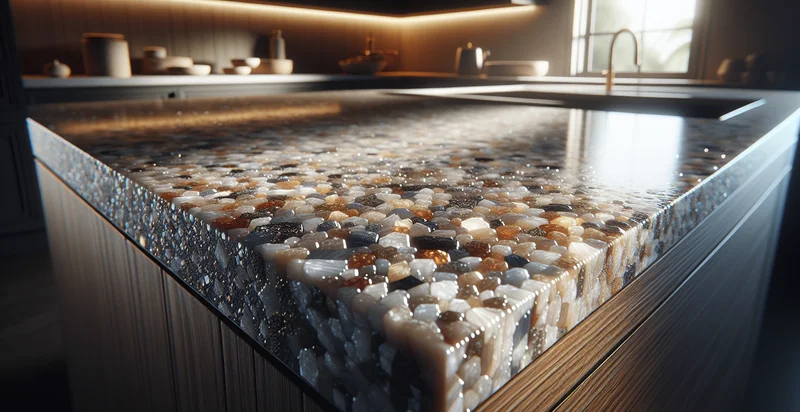 Countertop material samples compared by composition, fabrication and design application