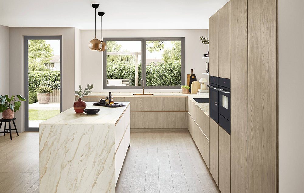 White veined countertop and feature surface in a contemporary interior