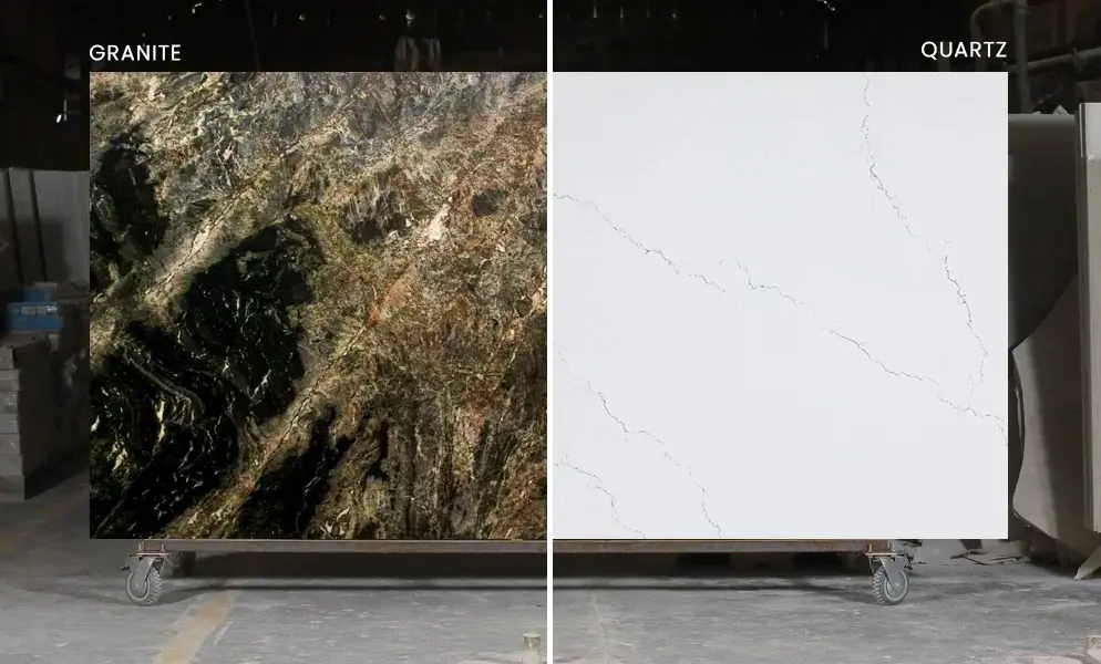 Quartz and granite countertop patterns compared as part of a three-material kitchen surface guide