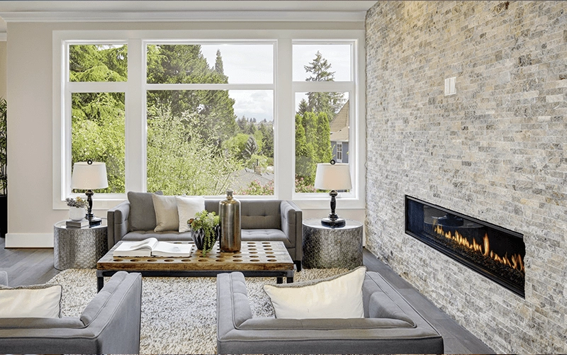Existing brick or tile fireplace before stone slab refacing