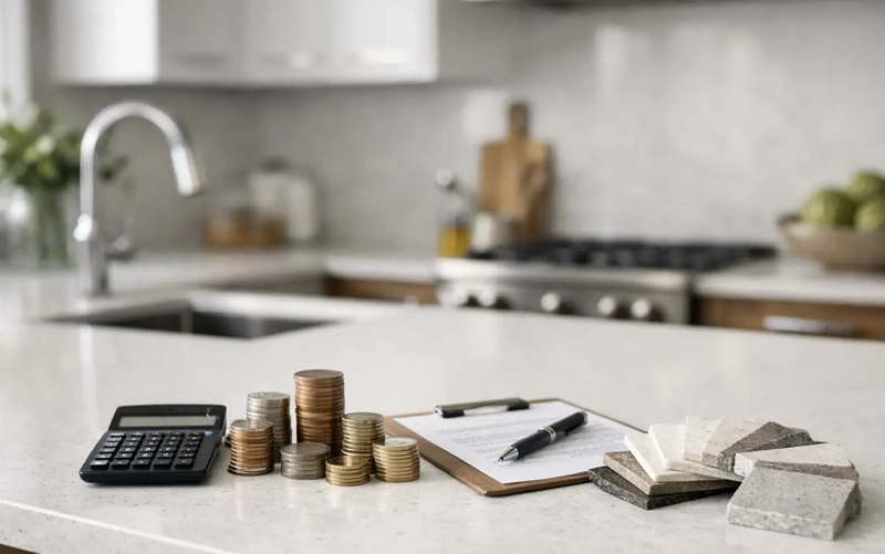 Custom stone fabrication workshop preparing countertops for builder and remodeling projects