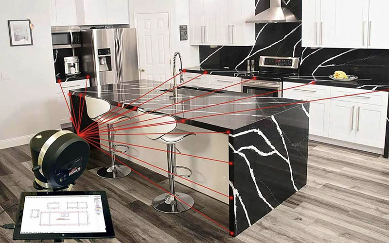Digital countertop templating workflow from field measurement to DXF geometry and fabrication planning