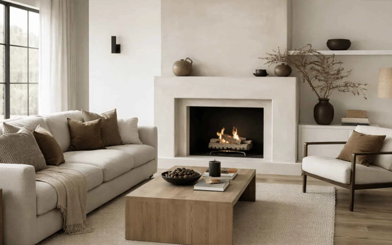 Stone fireplace slab with cutouts, mitred edges and planned panel seams