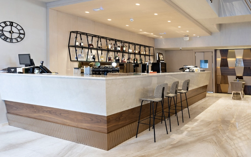Restaurant and hotel hospitality countertop materials including natural stone and engineered surfaces
