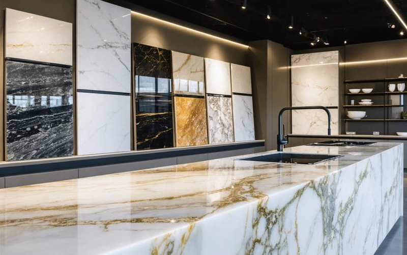 Quartz countertop samples compared with cabinet doors, flooring and kitchen finish materials