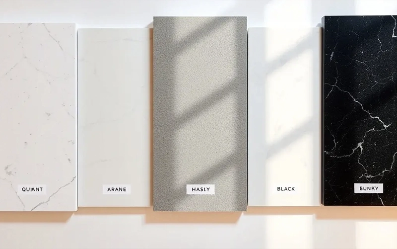 Quartz samples and product specification documents compared before countertop fabrication