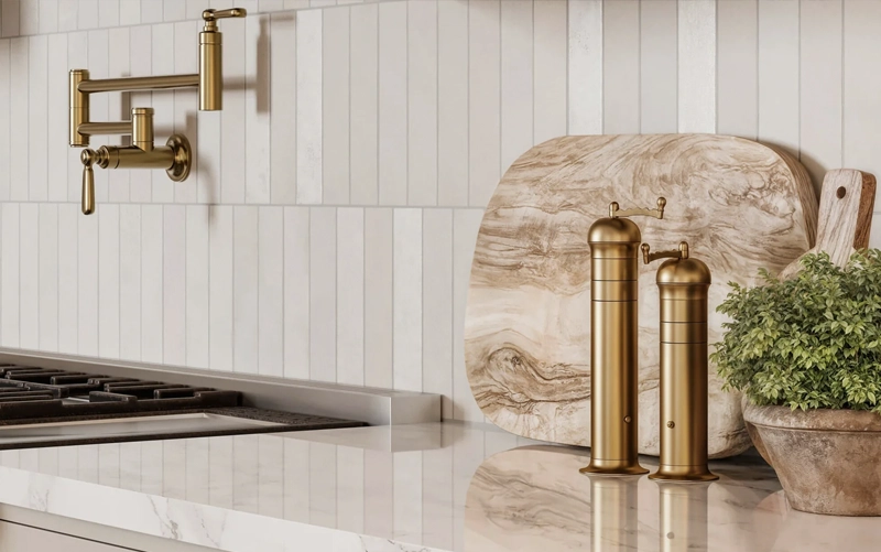 Stone Slab Backsplash Cost Factors Full-height stone slab backsplash with outlet cutouts and range-wall panels