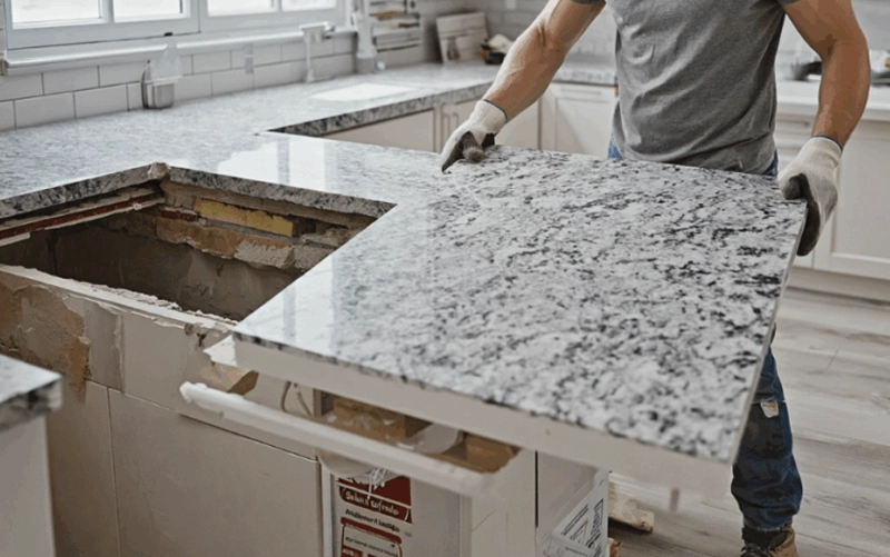 Installers fitting a stone kitchen countertop