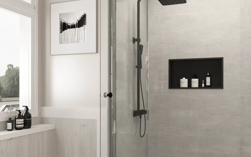 Quartz surface for a custom shower niche shelf and lining