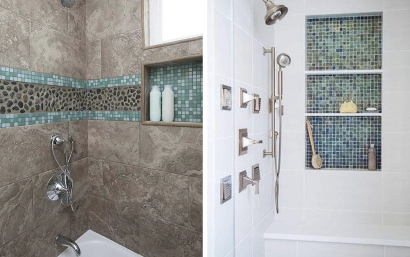 Close-up comparison of solid stone shower niche joints and tiled niche grout lines