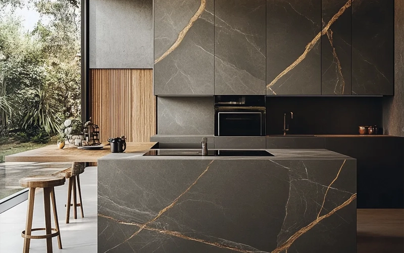 Stone slab layout planning before custom countertop fabrication