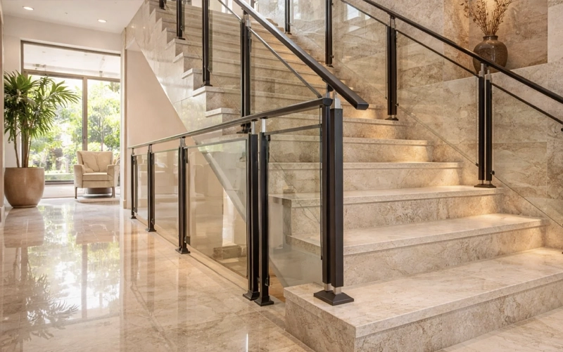 Modern stone staircase with light stone treads and glass railing