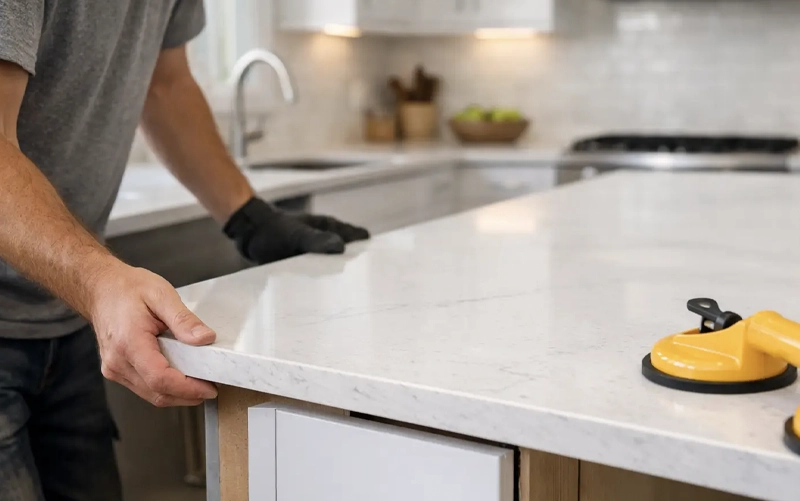 Countertop Seam Pattern and Vein Planning Veined stone slab layout showing pattern continuity across a planned countertop seam