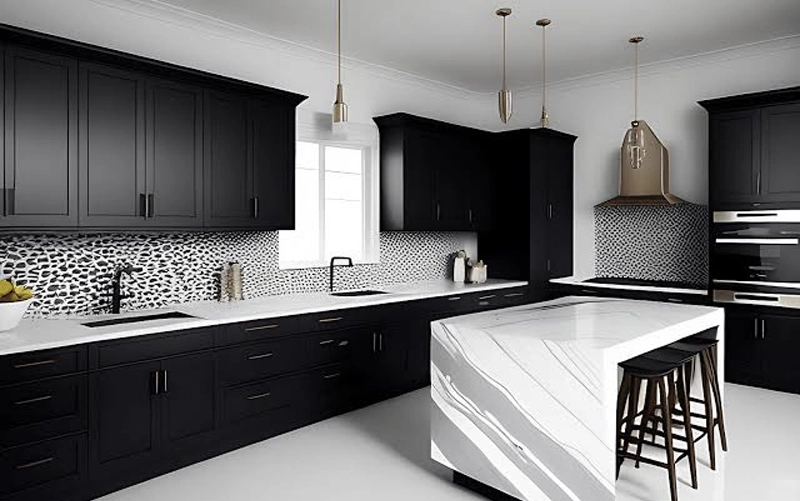 White grey warm neutral and dark countertop samples beside black kitchen cabinetry