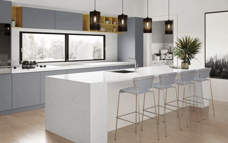 White grey greige and dark countertop samples paired with white kitchen cabinets