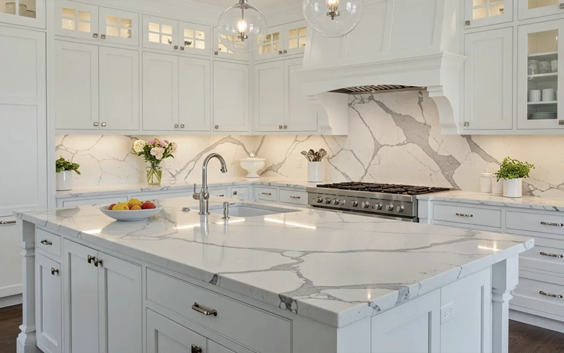Quartz countertop paired with white kitchen cabinets