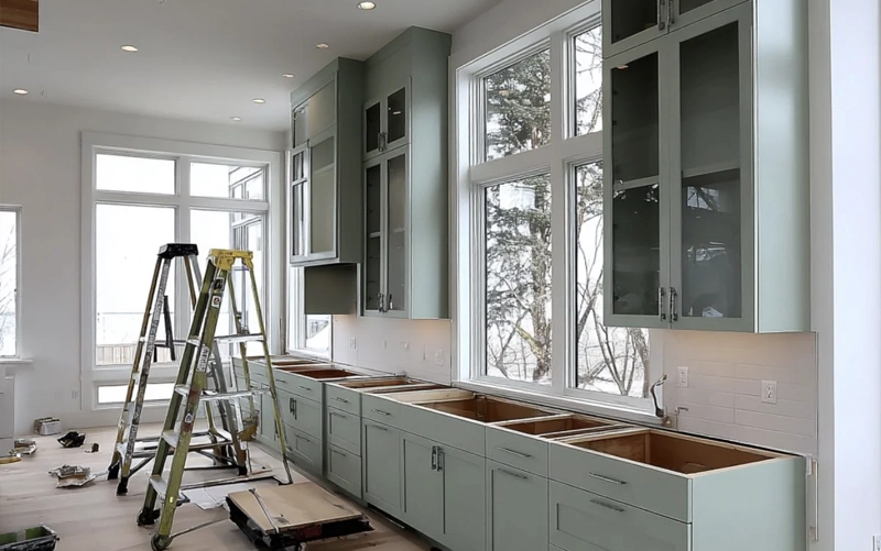 Questions About Countertop Installation Day Professional countertop installation crew positioning a fabricated stone countertop in a kitchen